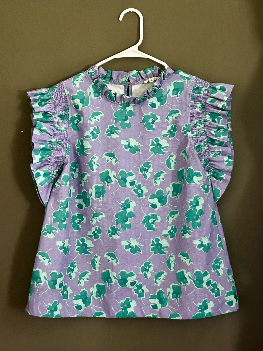 JODIFL Purple Floral Ruffle-Sleeve Top with Teal Accents